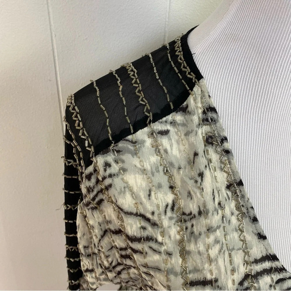 PARKER Animal Print Black Gray Beaded Long Sleeve SILK Sheer Top Women Sz Medium - Picture 5 of 16